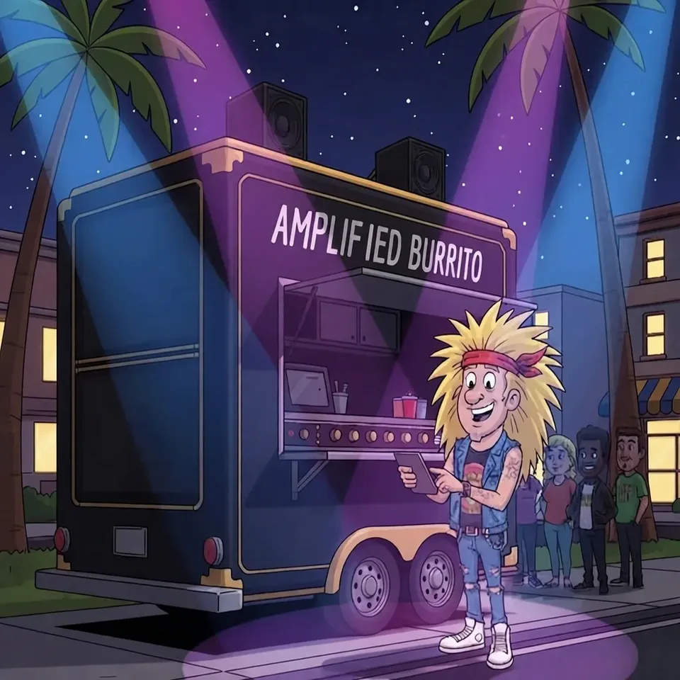 Illustration from the menu listing: the host, big hair, bandana and denim vest, beside a speaker-topped trailer under purple stage lights.